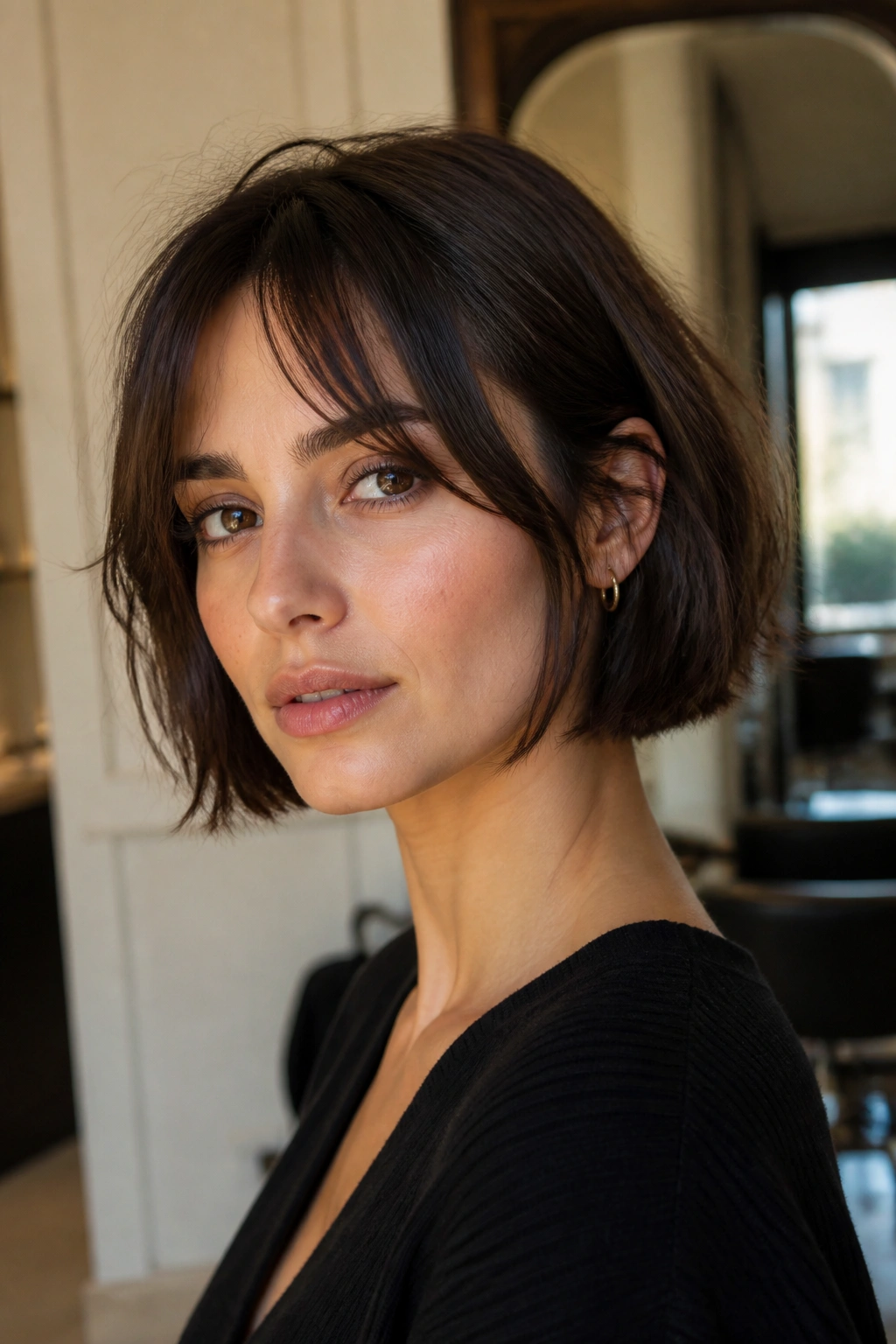Real person with bottleneck bangs and French bob in warm Parisian-inspired setting.