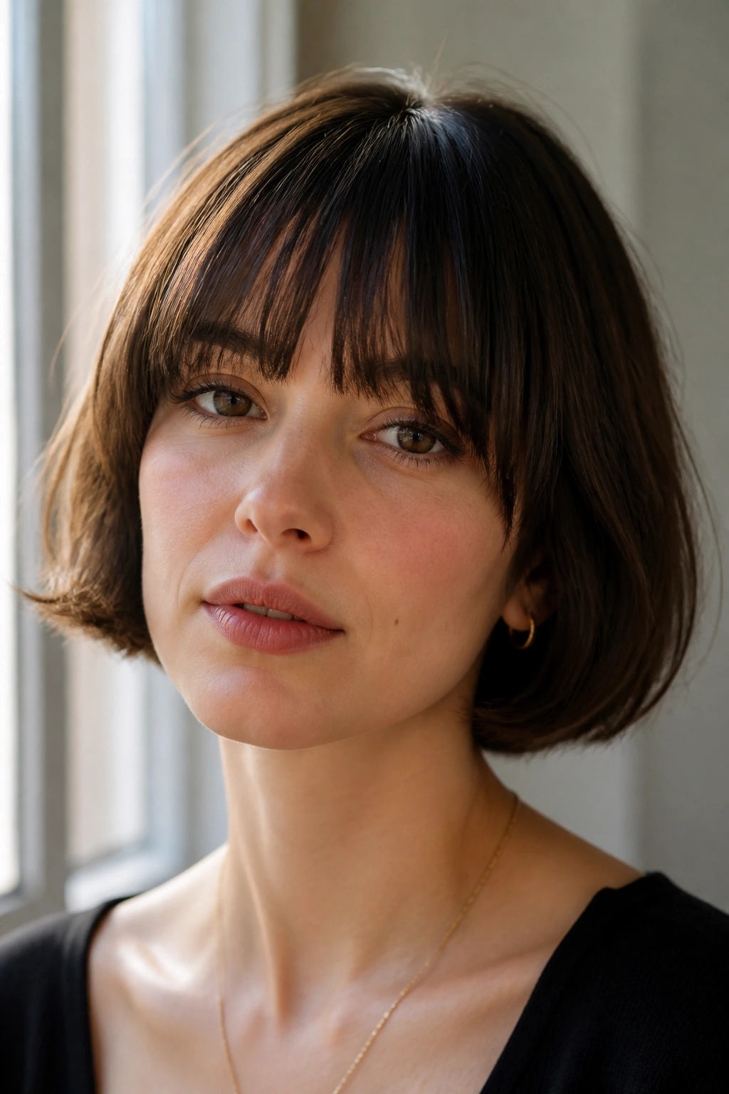Real woman with bottleneck bangs and French bob in soft indoor light