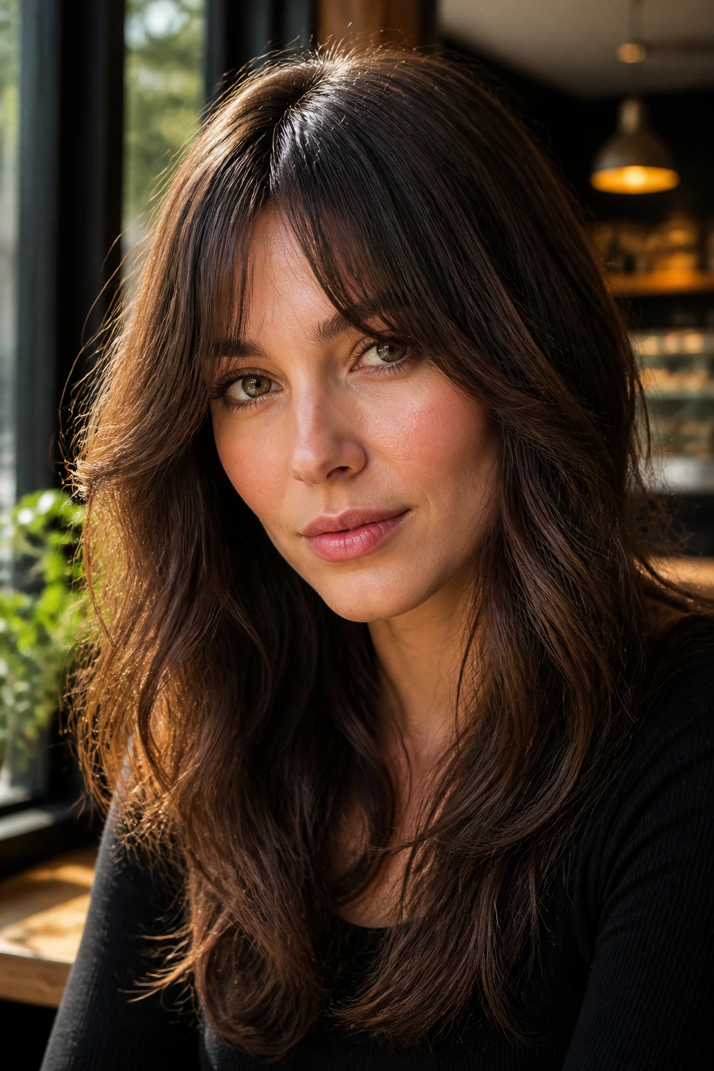 Close-up of a woman with bottleneck bangs framing the face