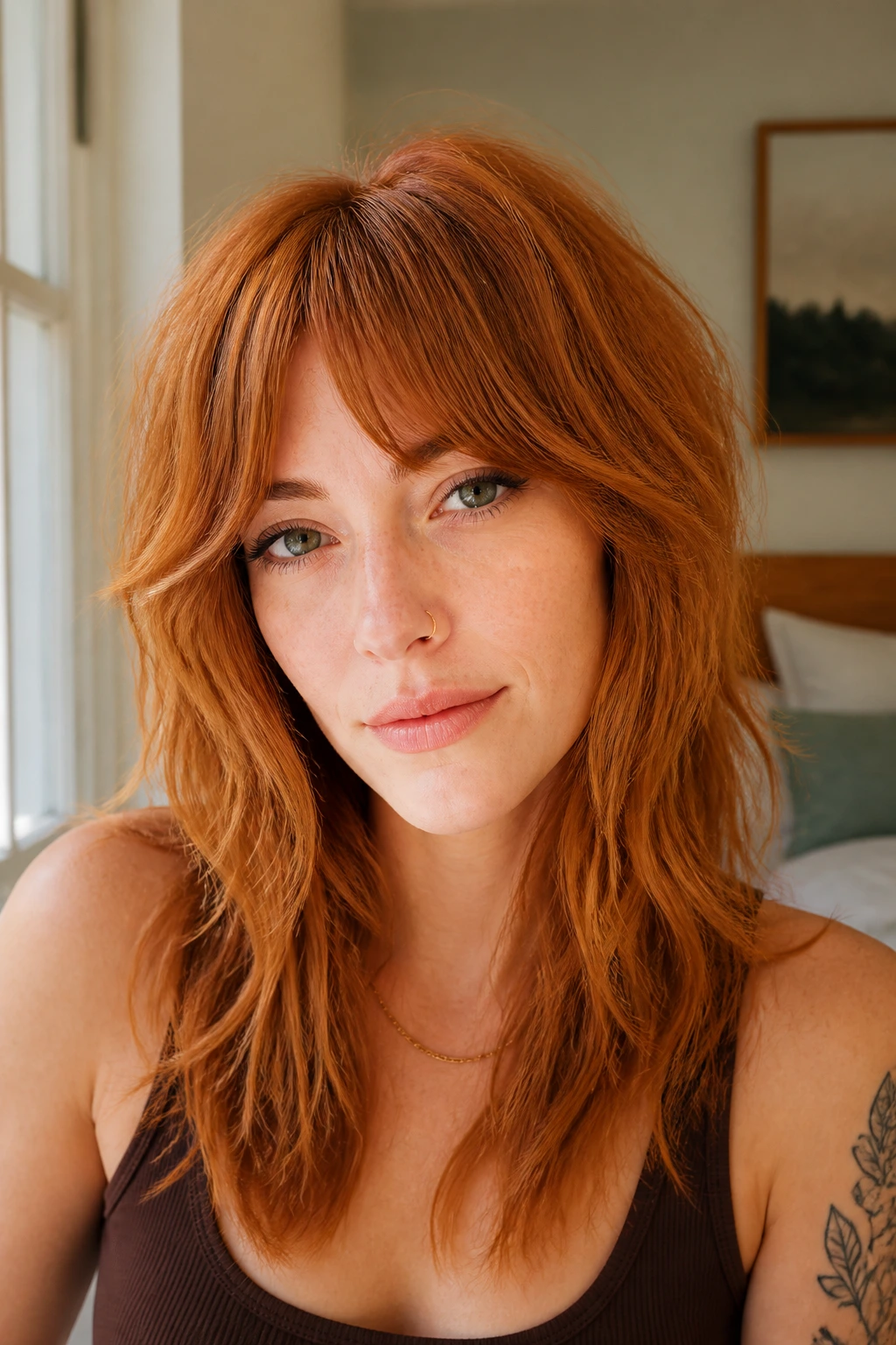 Close-up portrait of a real person with bottleneck bangs in a ginger wolf cut
