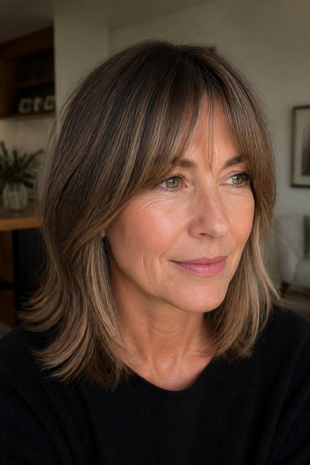 Close-up of a woman with bottleneck bangs blending into shoulder-length hair