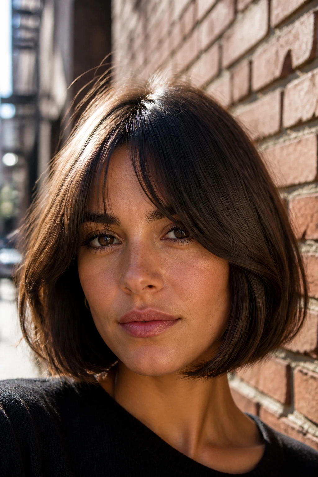 Real woman with bottleneck bangs in an Italian bob on an urban street