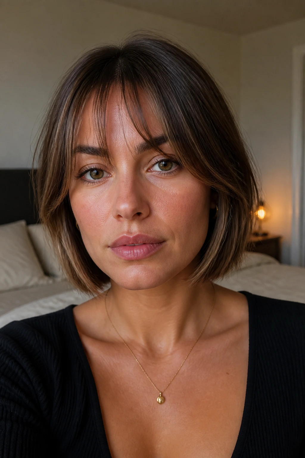 Close-up portrait of a real woman with bottleneck bangs and face-framing pieces in a layered bob.