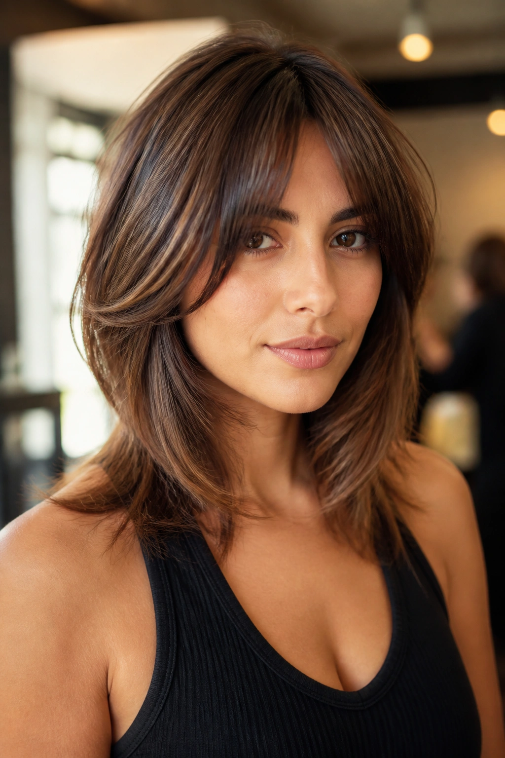 Portrait of a person with bottleneck bangs and layered mid-length hair
