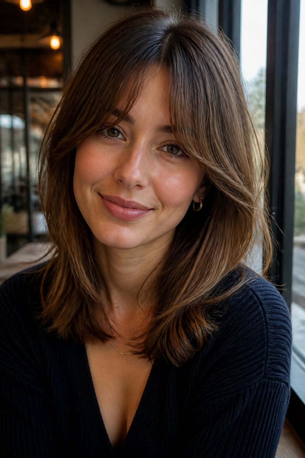 Portrait of a woman with bottleneck bangs and medium layers.