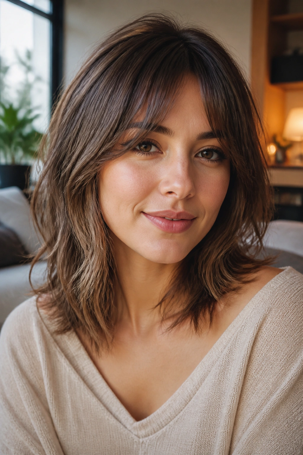 Close-up portrait of a real woman with bottleneck bangs and shoulder-length layers framing her oval face