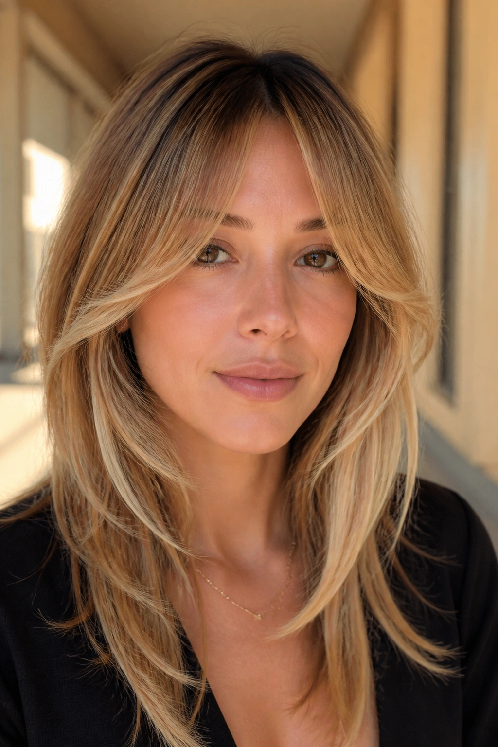 Close-up of a real woman with bottleneck bangs and light feathered ends in a sunlit home