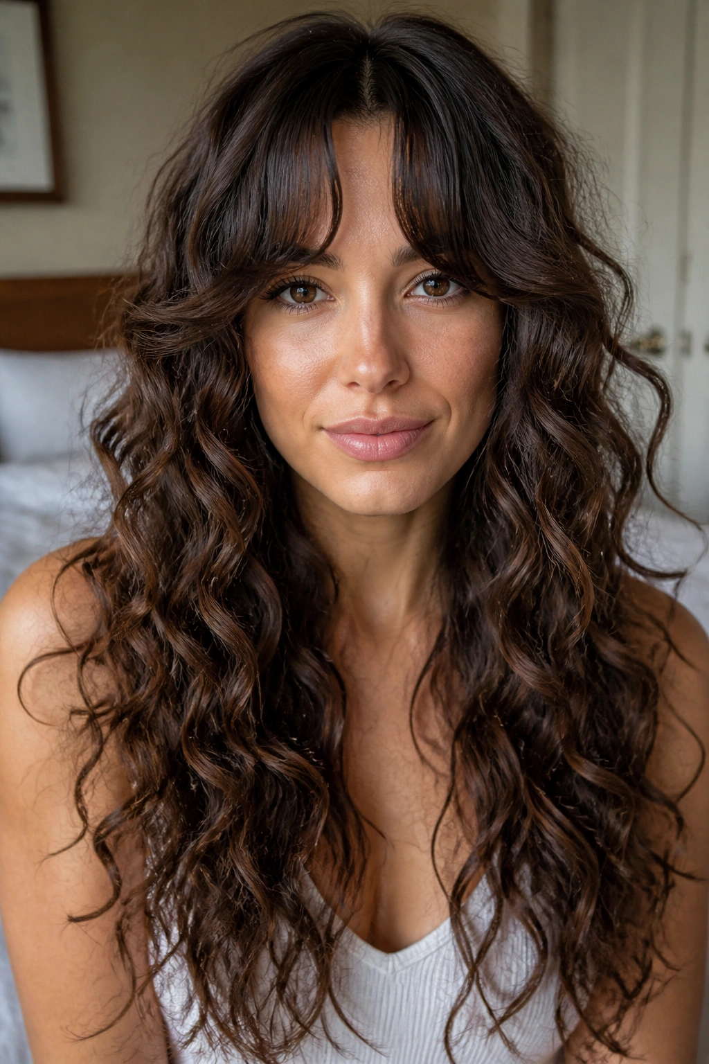 Close-up of a real woman with bottleneck bangs and long curls framing her face