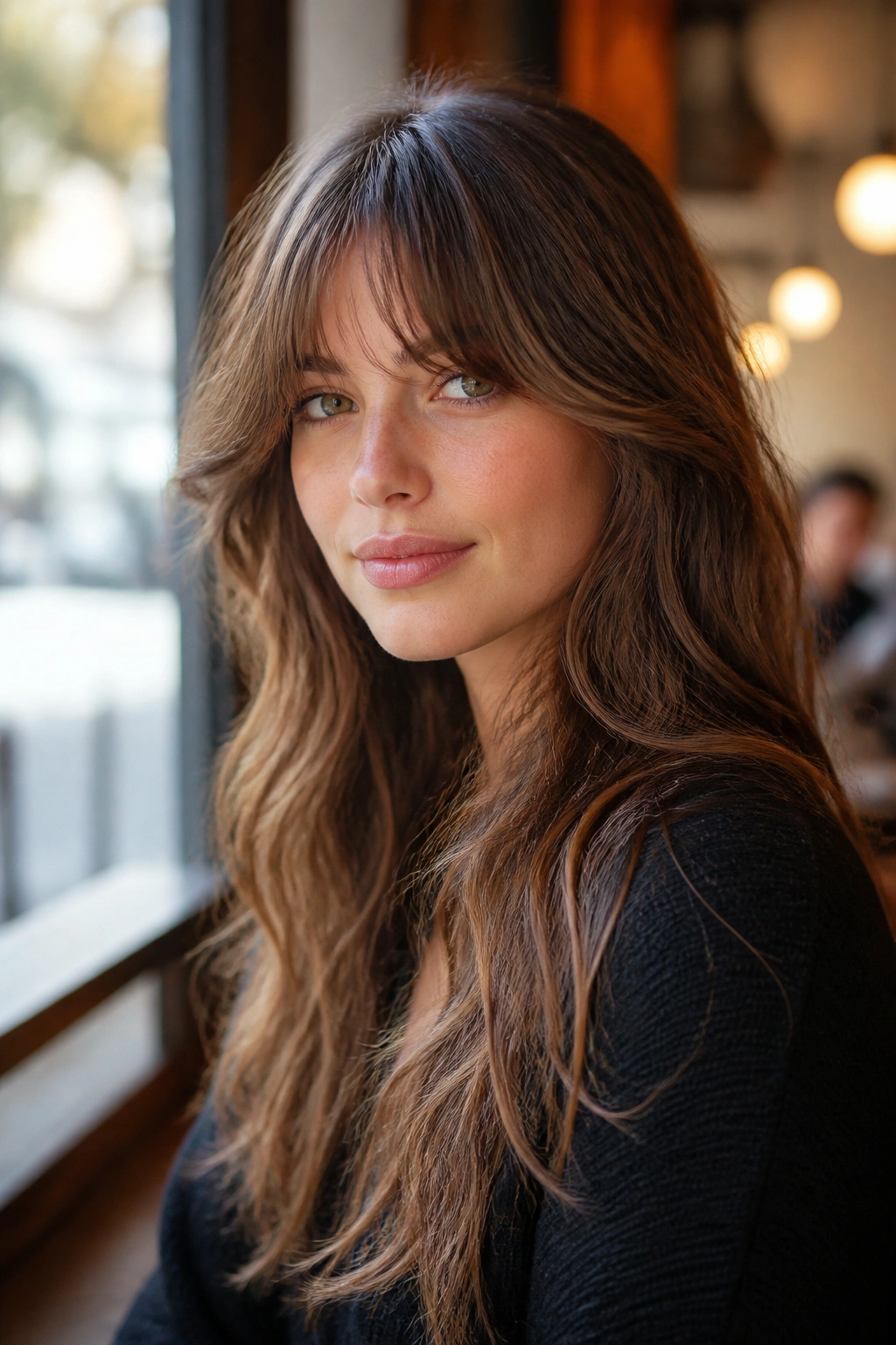 Close-up of bottleneck bangs blending into long waves on a real person