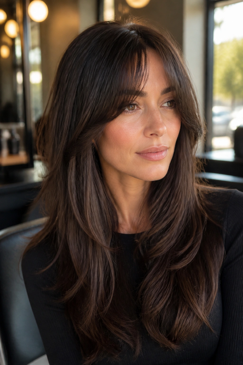 Close-up of a real woman with bottleneck bangs blending into long brown layers.