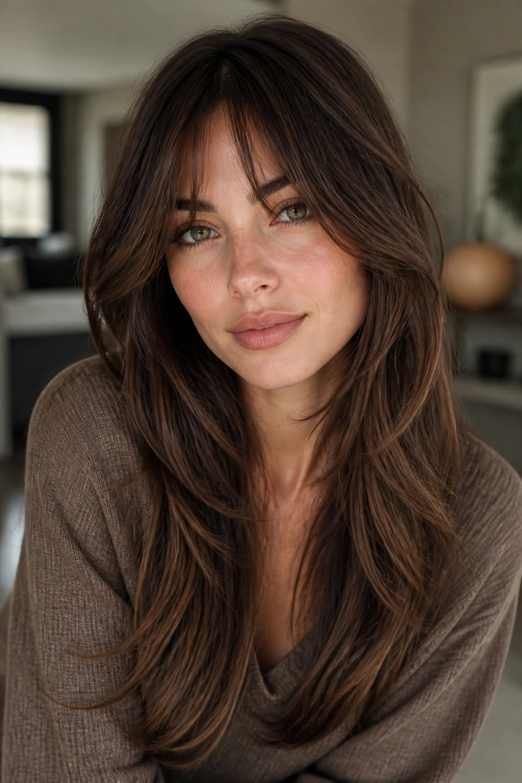 Close-up of long hair with bottleneck bangs framing the face