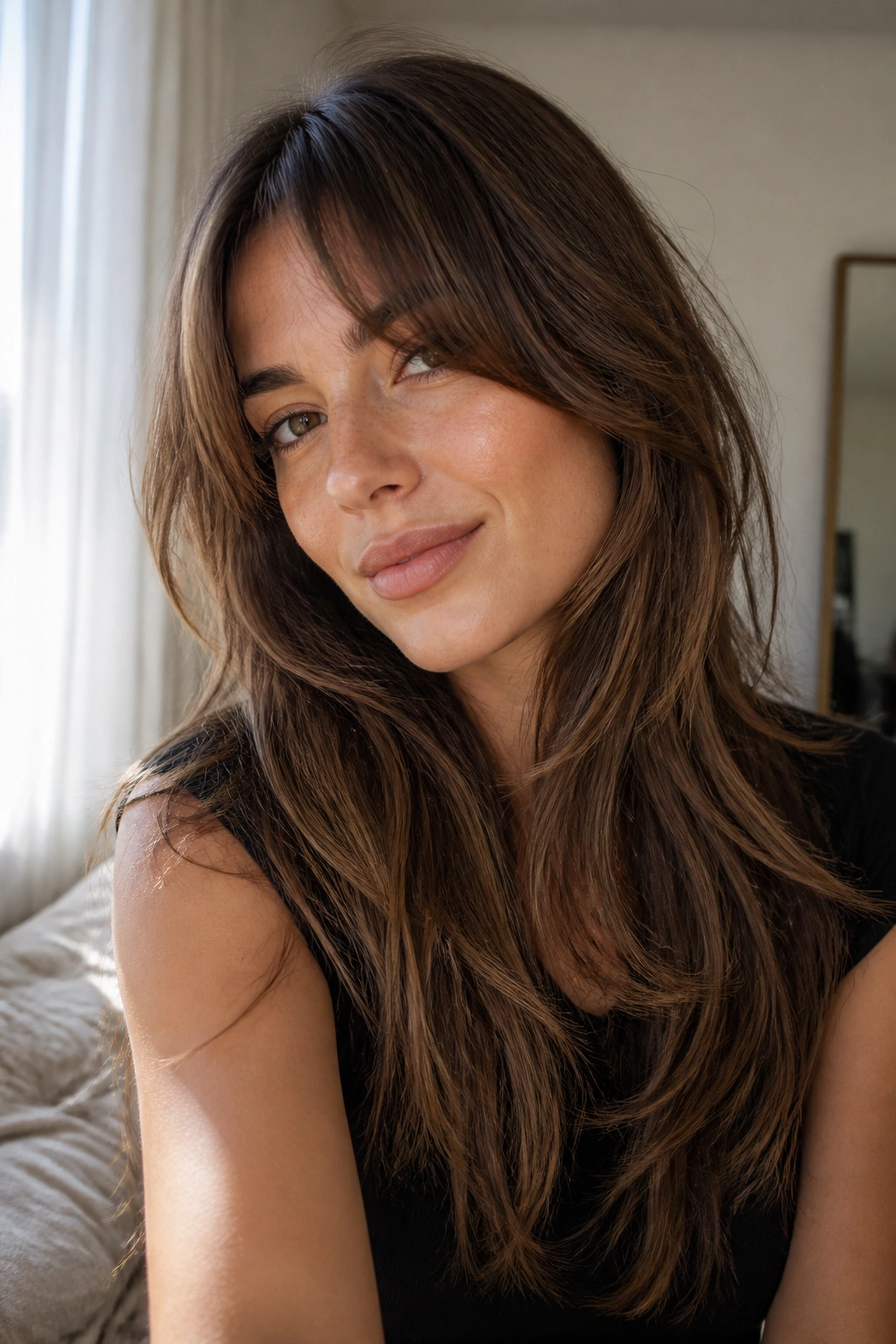 Close-up portrait of a real woman with bottleneck bangs and long layers