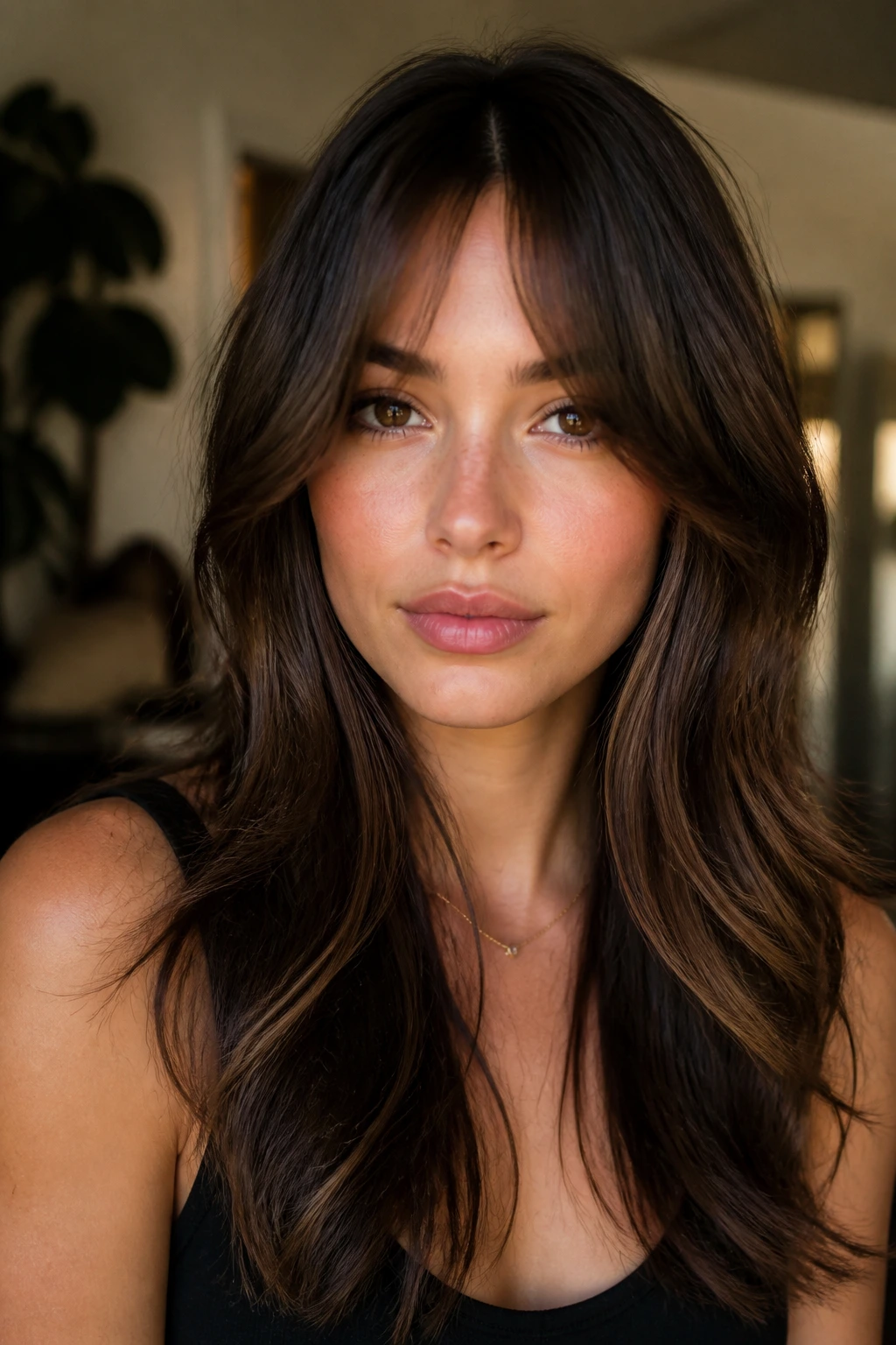 Portrait of a real woman with bottleneck bangs and long layers