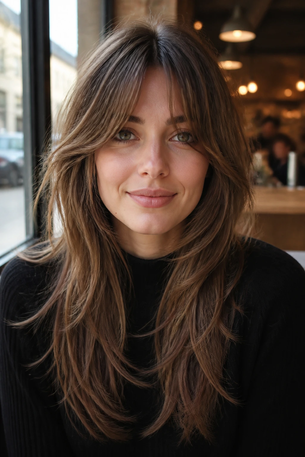 Portrait of a real person with bottleneck bangs and long layers.