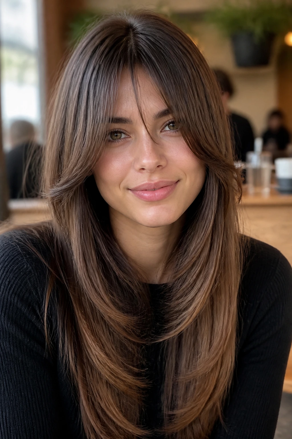 Close-up of a real woman with bottleneck bangs skimming the brow and widening toward the cheeks