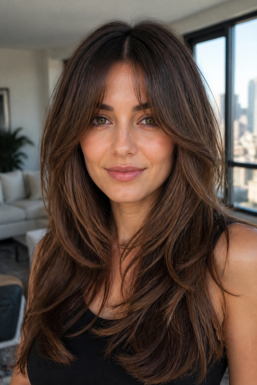 Portrait of bottleneck bangs blending into long layers on thick hair