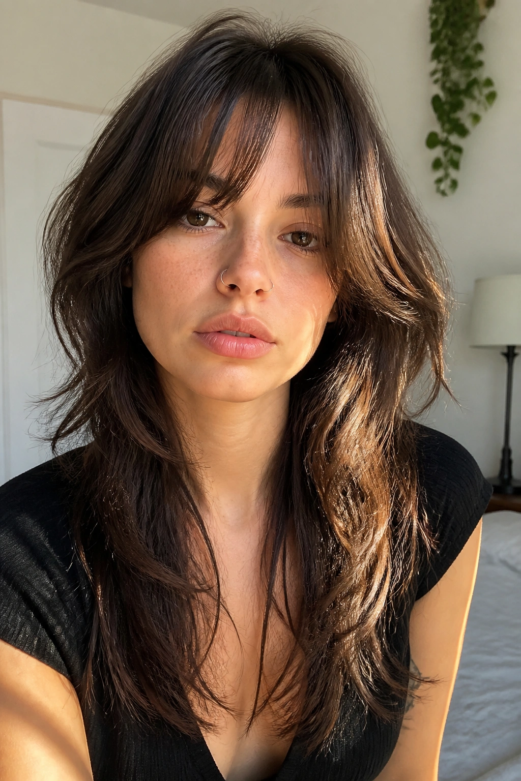 Portrait of real woman with bottleneck bangs and long layers wolf cut.