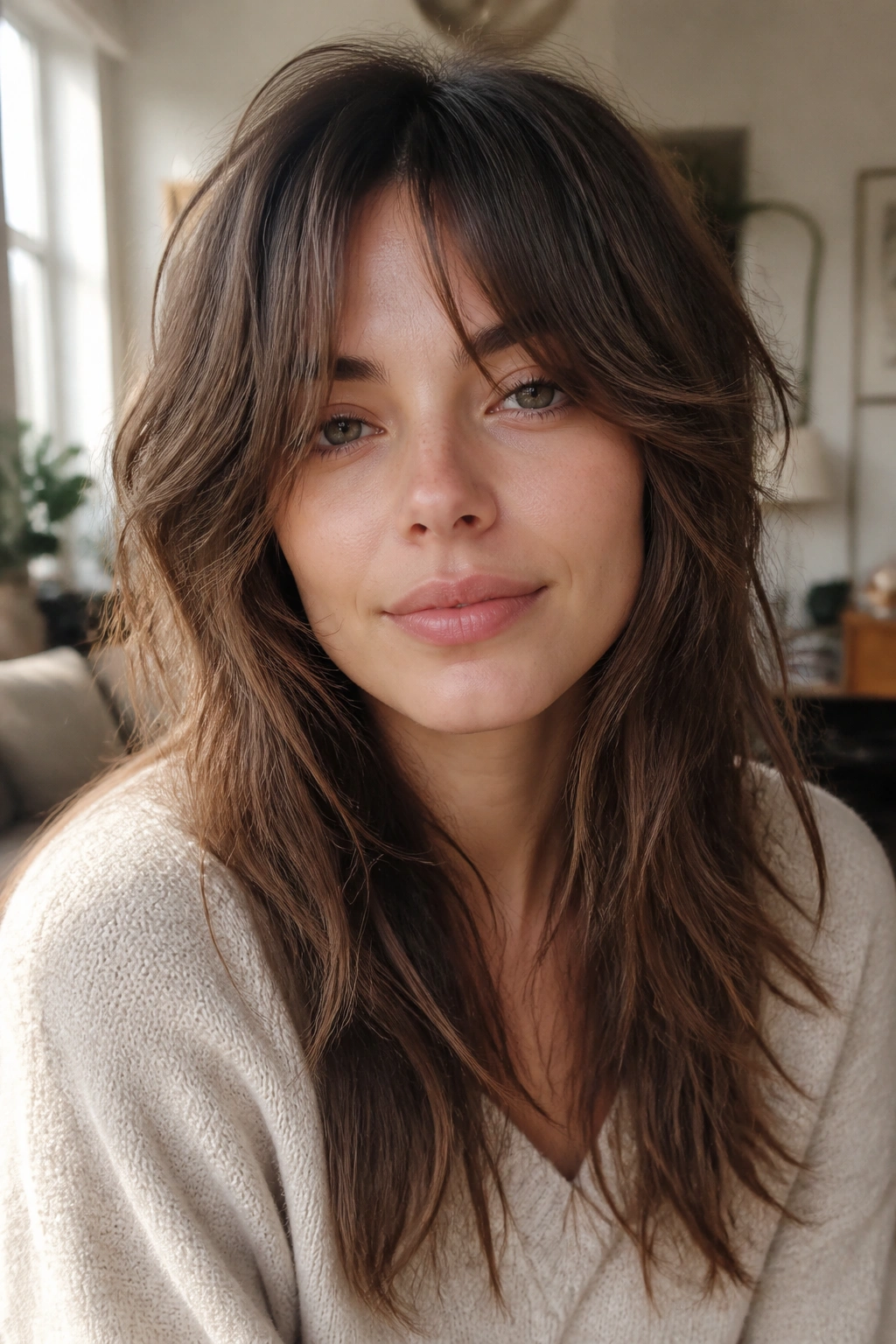 Close-up portrait of a real woman with bottleneck bangs in a long shag hairstyle in warm natural light