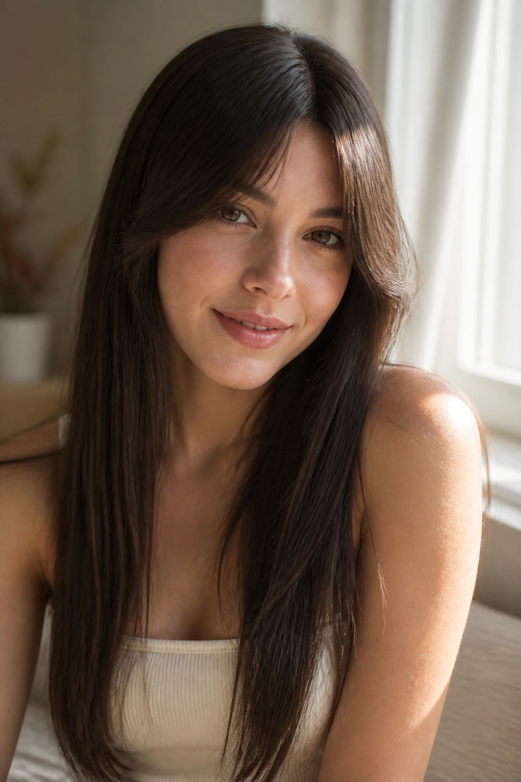 Close-up portrait of a real woman with long straight hair and bottleneck bangs
