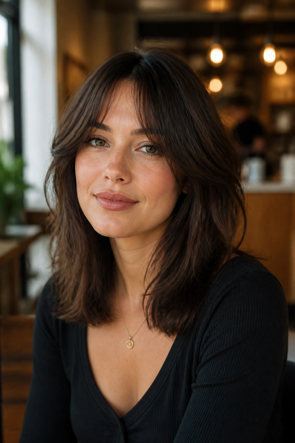 Close-up of a woman with bottleneck bangs and a medium-length cut
