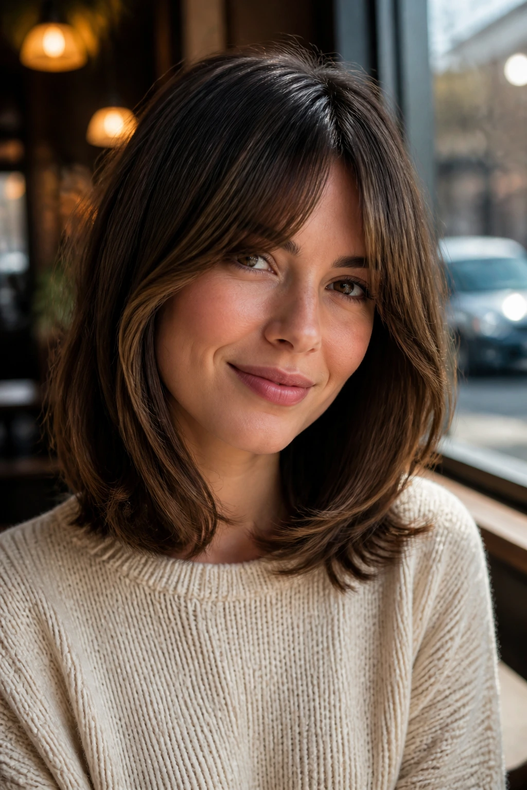 Portrait of a woman with bottleneck bangs and a bouncy midi cut.