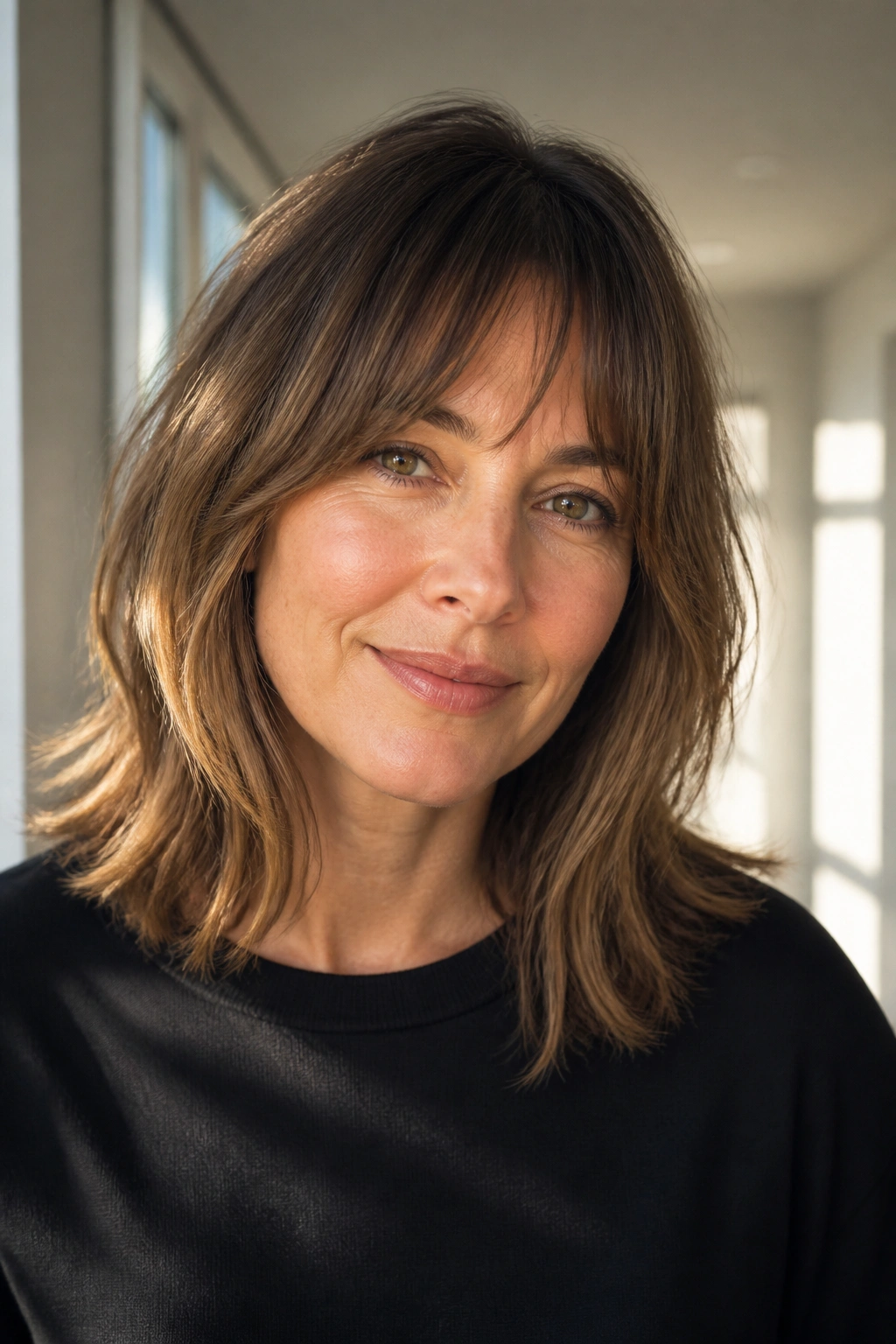 Close-up of a real woman with bottleneck bangs and mid-length cut