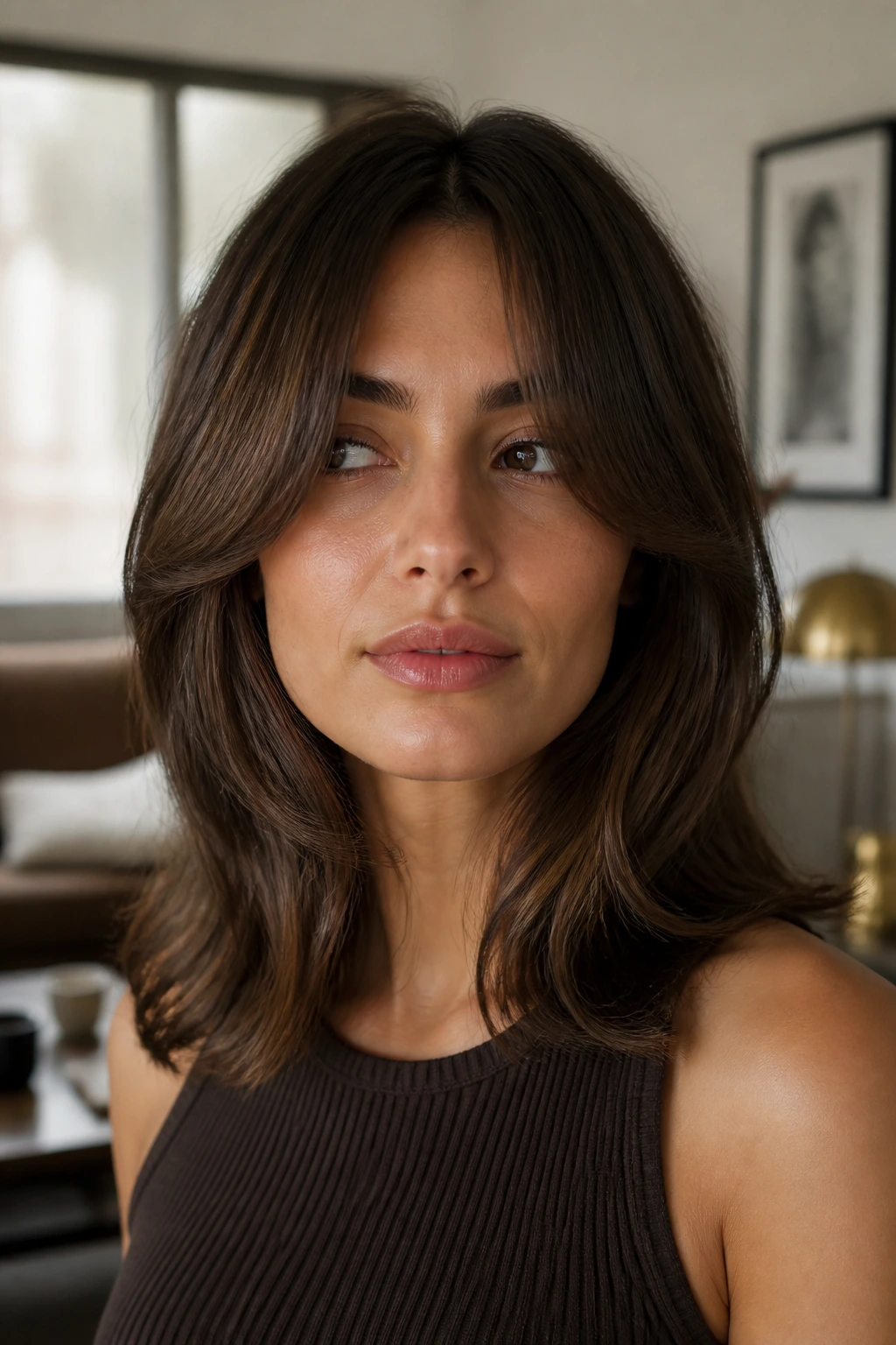 Portrait of a real woman with bottleneck bangs framing the face