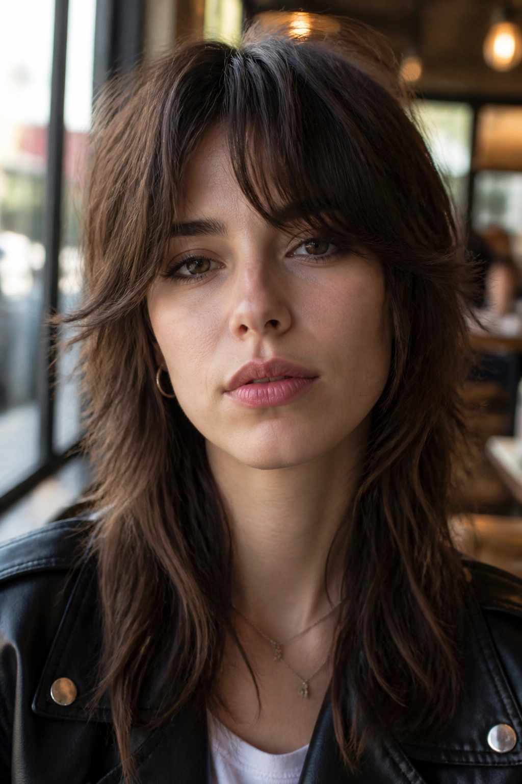 Close-up portrait of a real person with bottleneck bangs and long shag mullet in cafe window light.