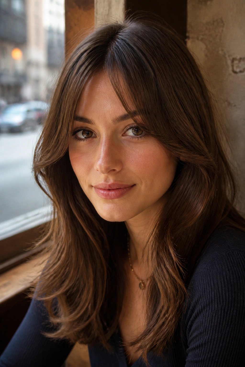 Close-up portrait of a real person wearing bottleneck bangs with a narrow center