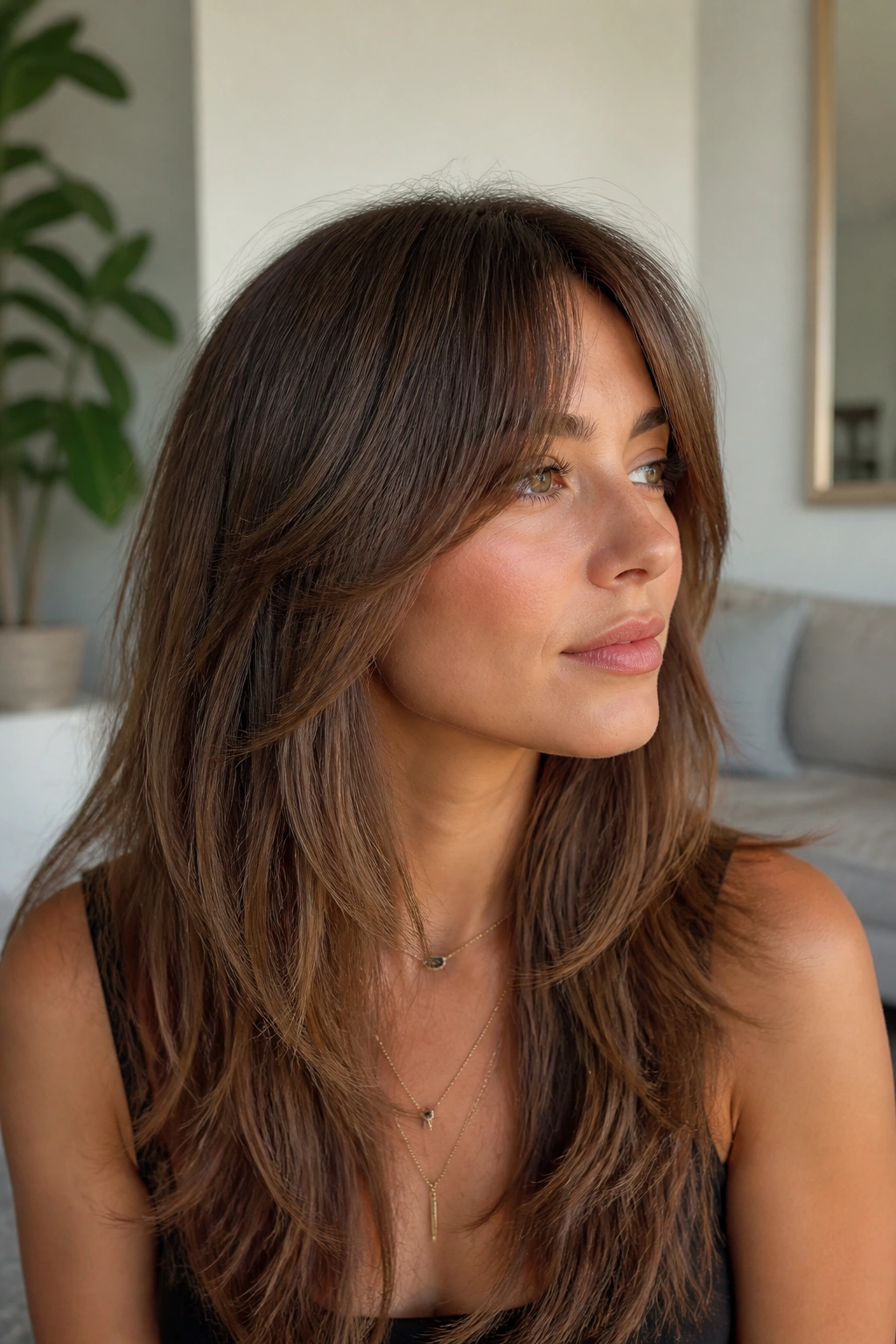 Close-up portrait showing bottleneck feathered bangs for a narrower forehead under bright morning light
