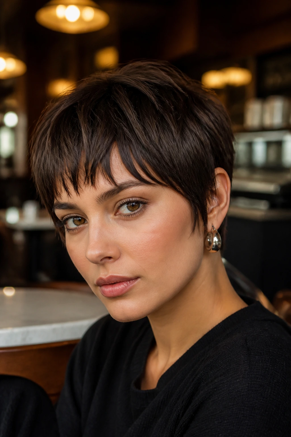 Real person with pixie cut and bottleneck bangs framing the eyes
