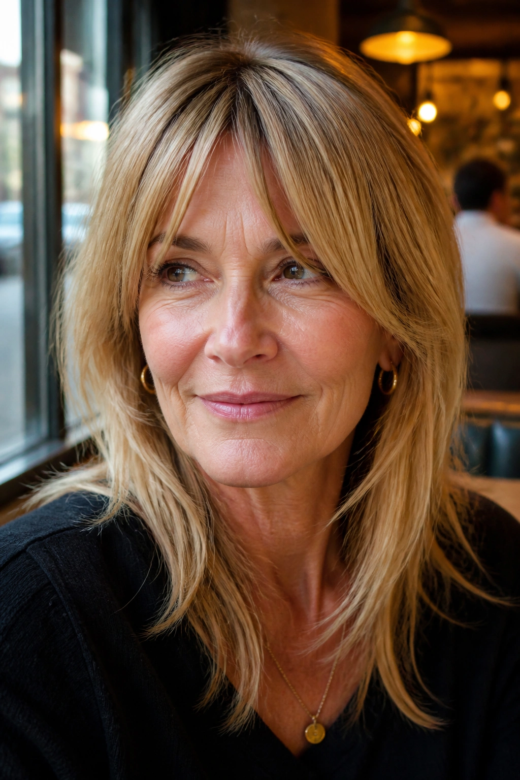 Close-up of a woman with bottleneck bangs in cafe window light