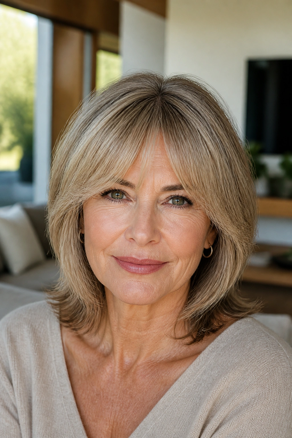 Close-up portrait of a real woman with bottleneck bangs in natural light