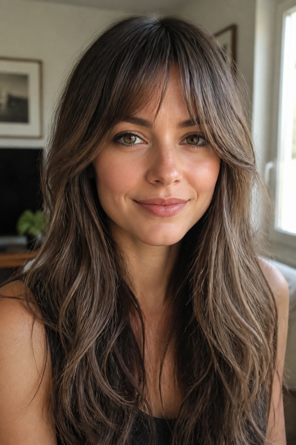 Close-up of a real woman with piecey bottleneck choppy bangs in natural light