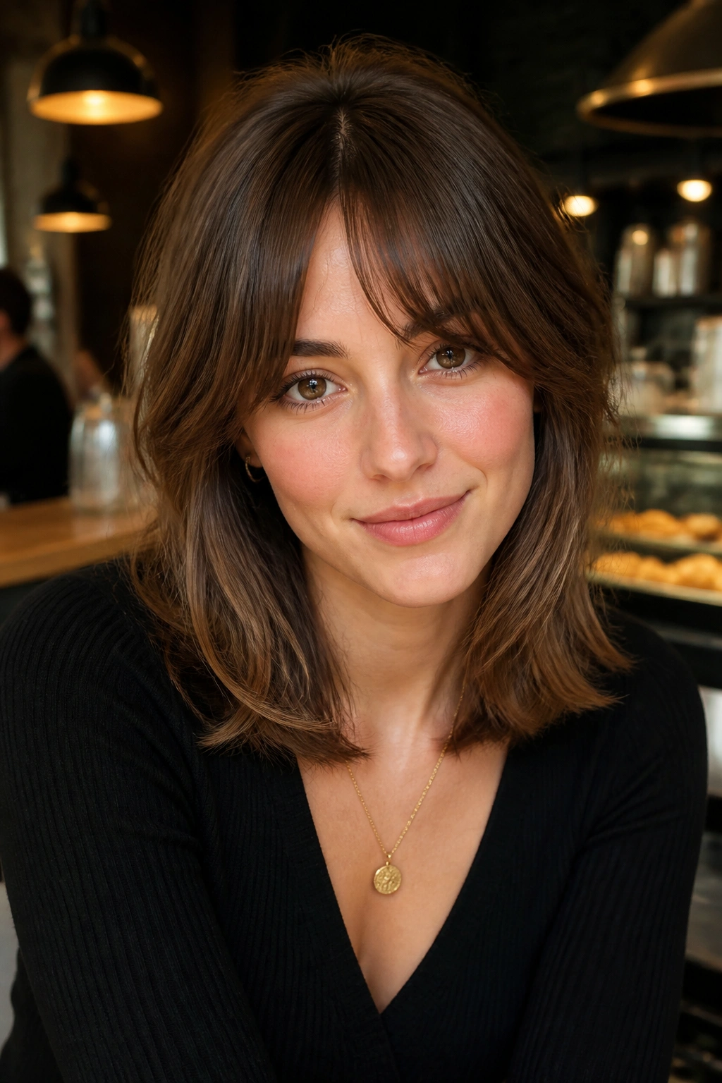 Close up of a real woman with bottleneck bangs and medium length layers