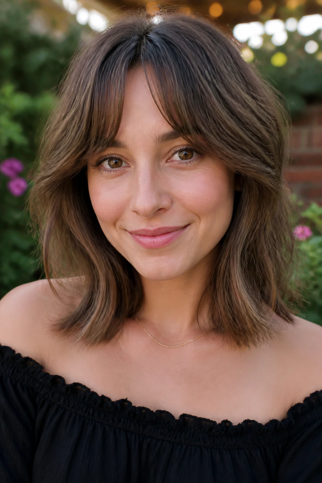 Close-up of a woman with bottleneck bangs and shoulder-length hair in natural light