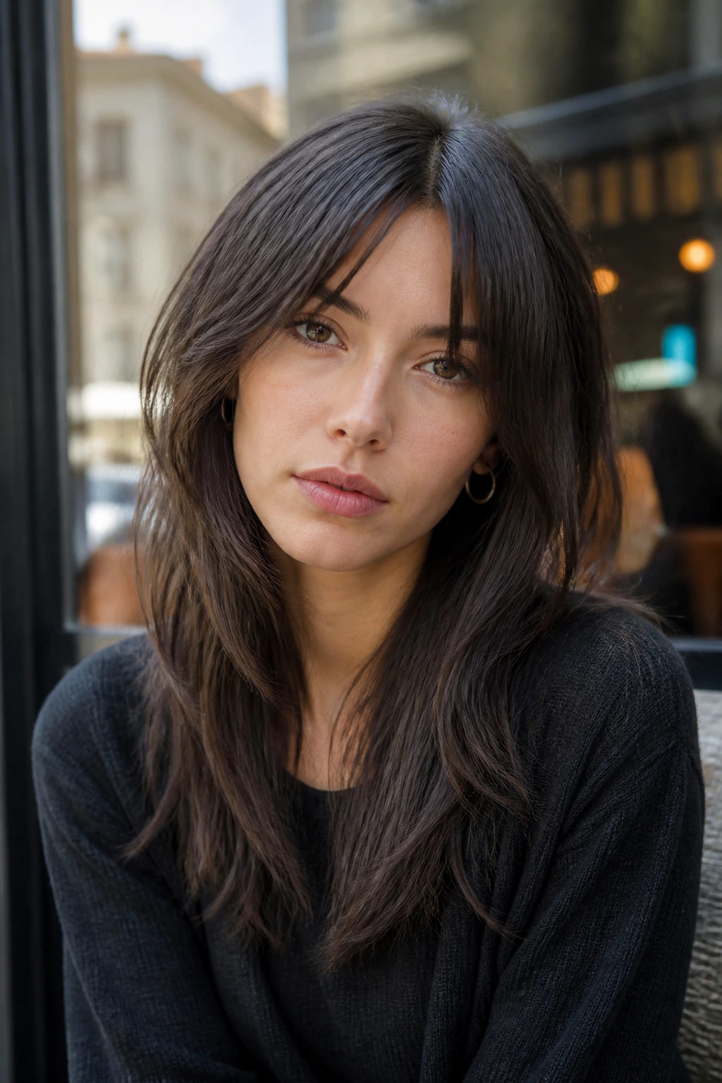 Close-up portrait of a real person with bottleneck bangs and a narrow center.