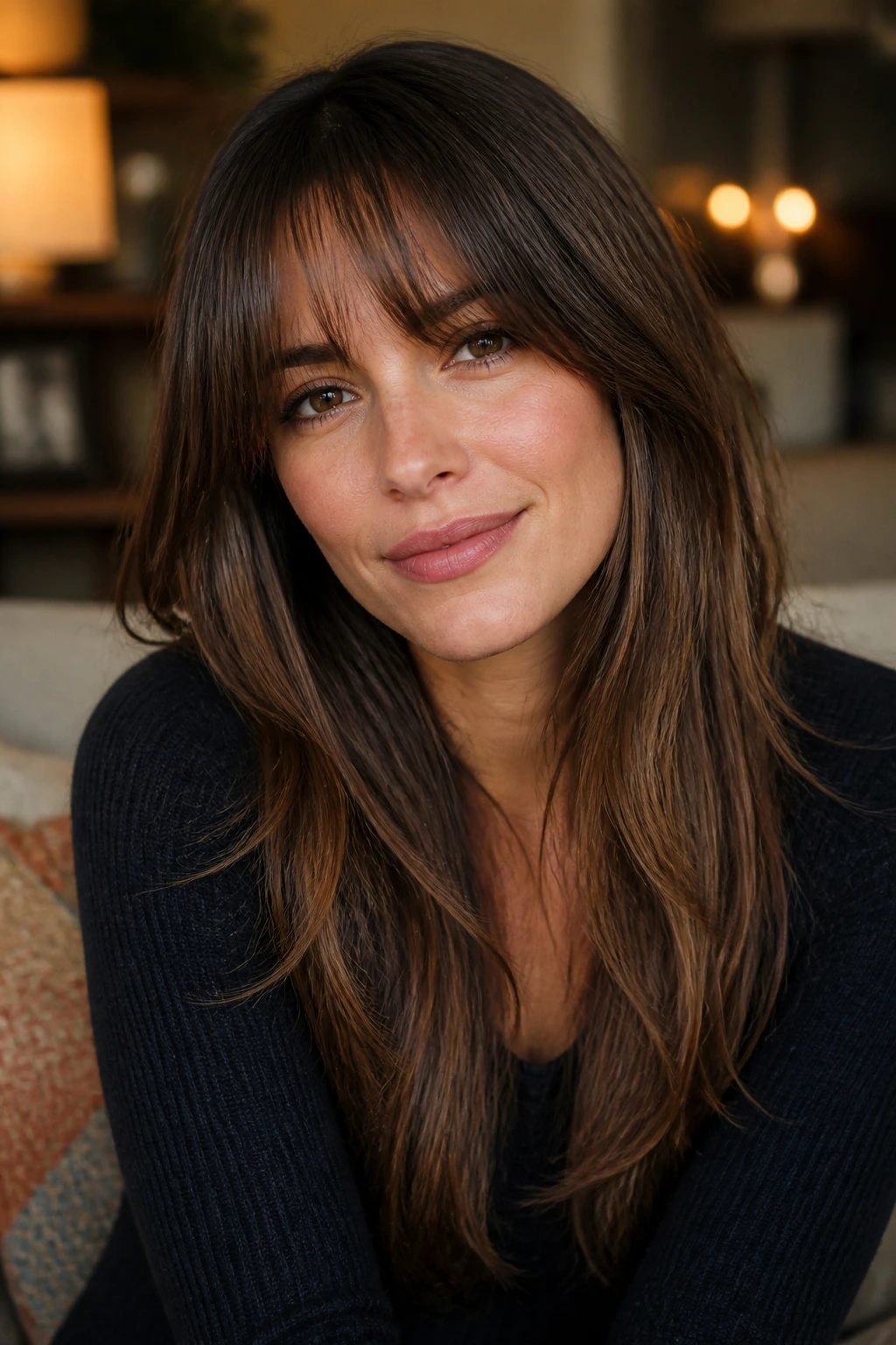 Close-up of a real woman with bottleneck bangs and soft layers
