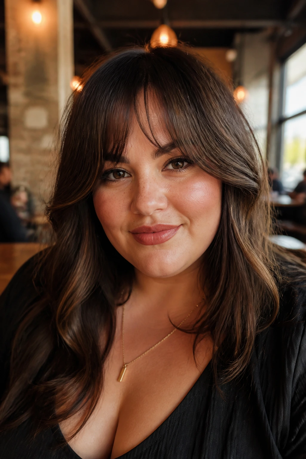 Close-up portrait of a real woman with bottleneck bangs in a cafe.
