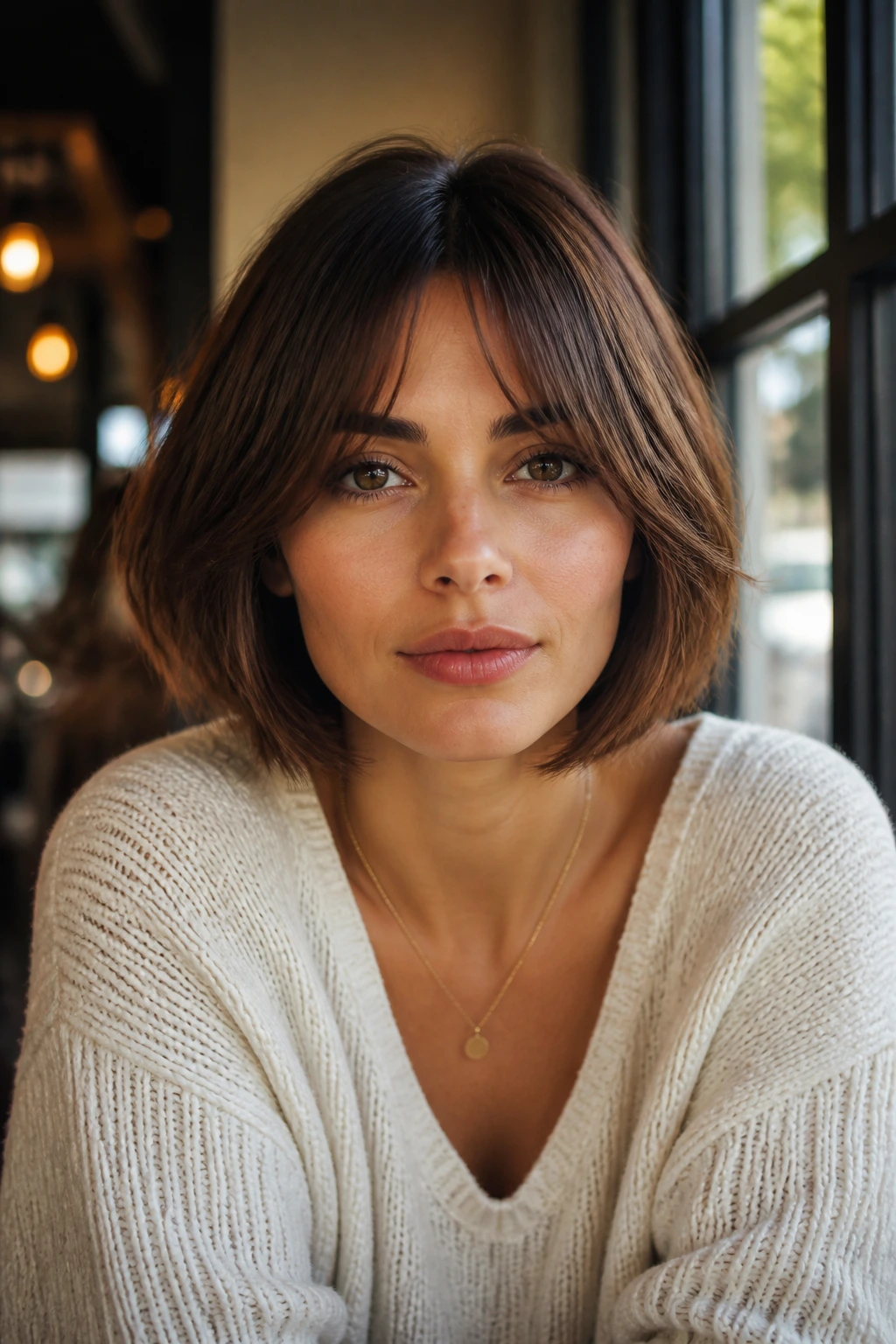 Close-up portrait of a woman with bottleneck bangs hairstyle