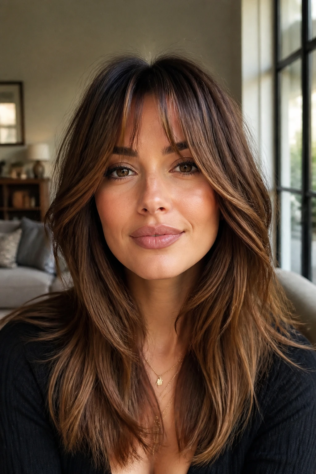 Close up of a real person showing bottleneck bangs with central piece and long sides.