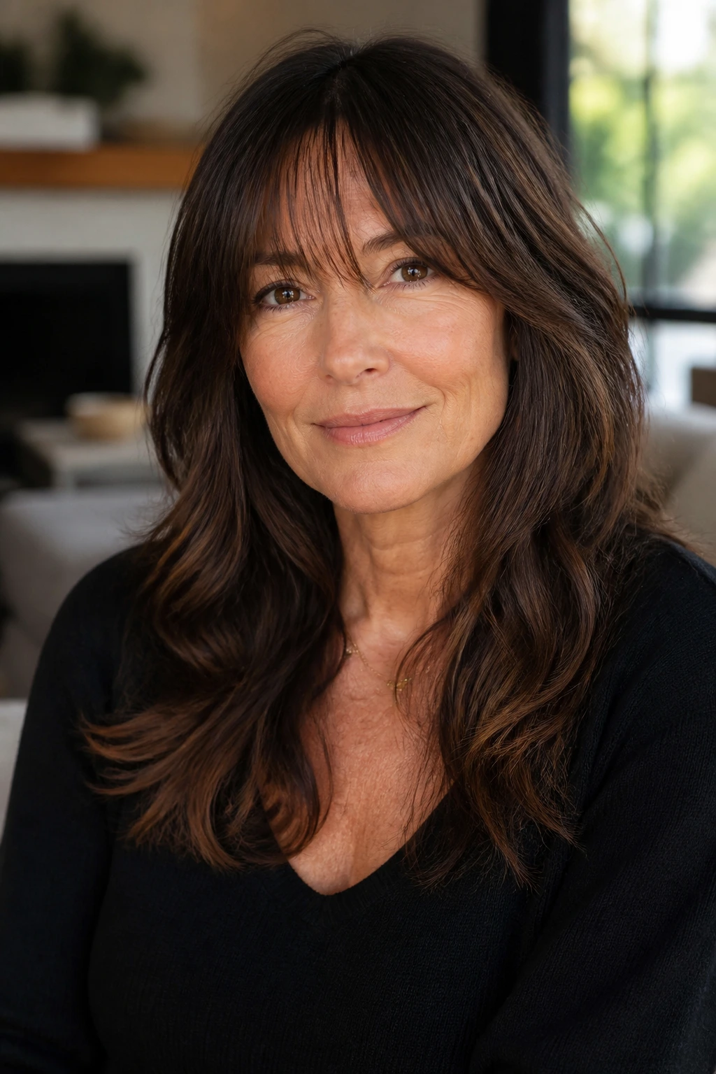 Close-up portrait of a woman with bottleneck bangs in a softly lit living room
