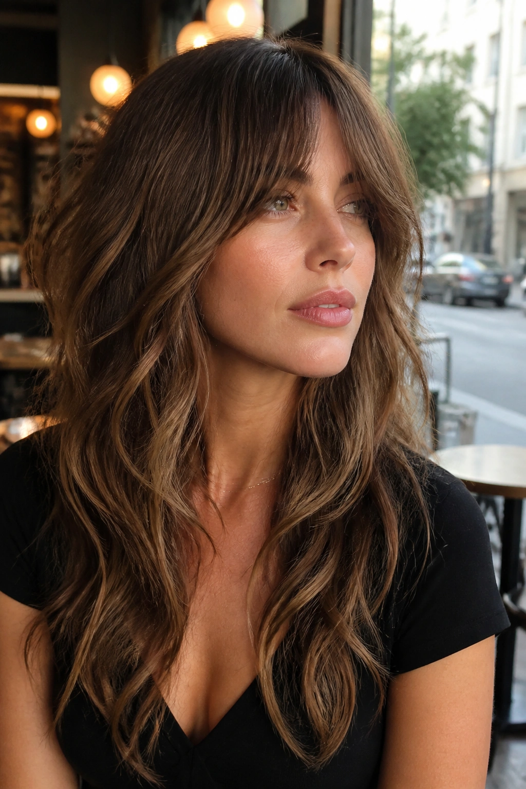 Woman wearing bottleneck bangs with long layers and wavy hair in cafe lighting