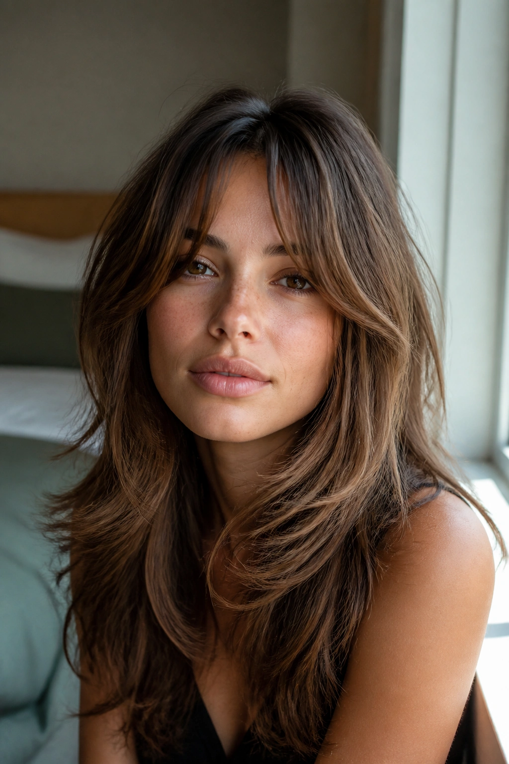 Close-up of a real woman with bottleneck bangs framing the cheeks in a long shag