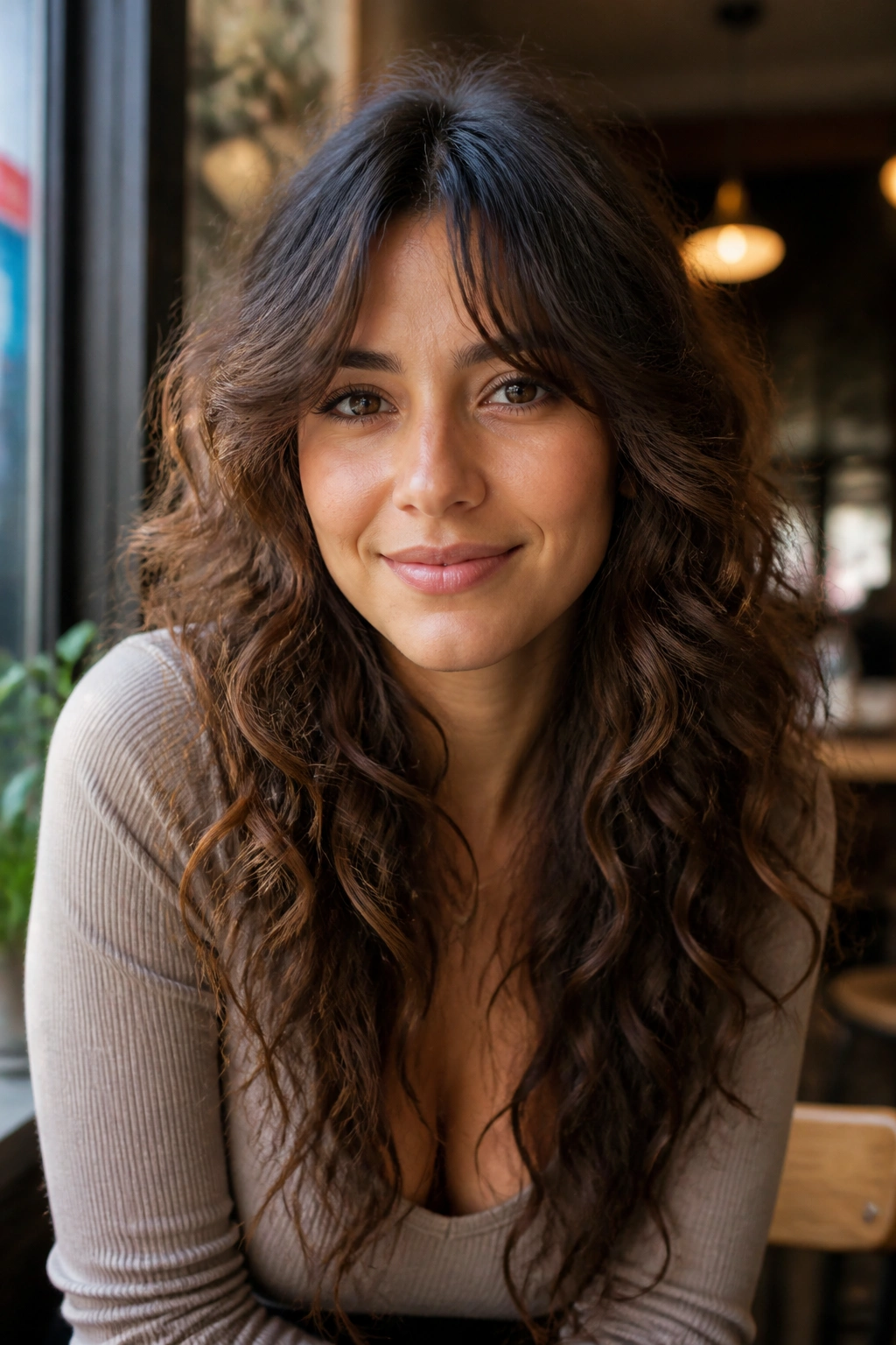 Close-up of a real woman with bottleneck bangs and long layers in a cafe window light