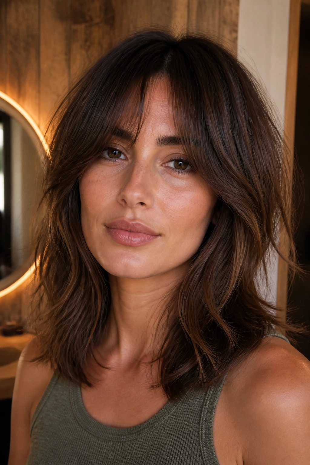 Close-up portrait of a woman with bottleneck bangs and medium shag.