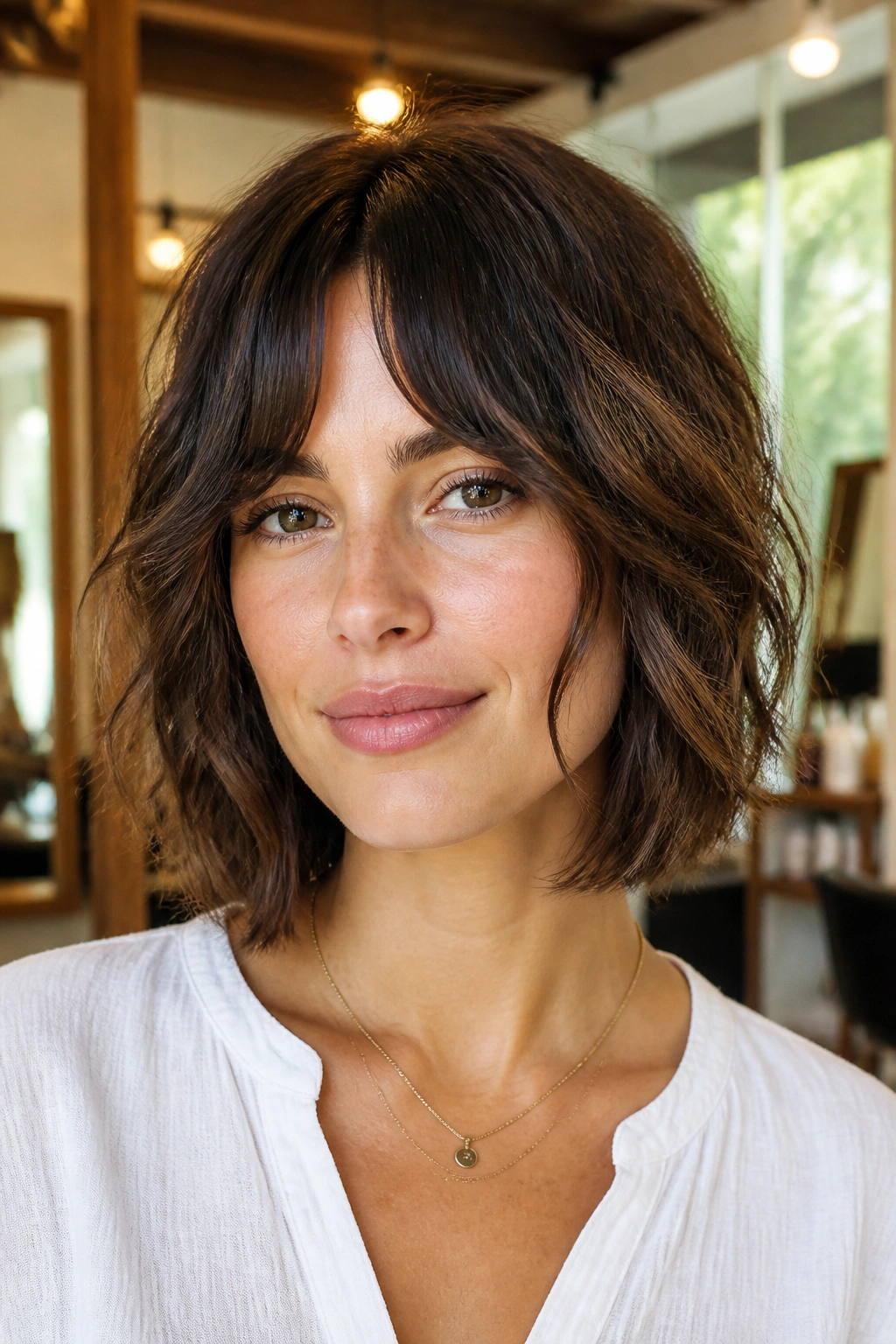 Close-up of real woman with bottleneck bangs shaggy bob, soft waves in sunlit salon