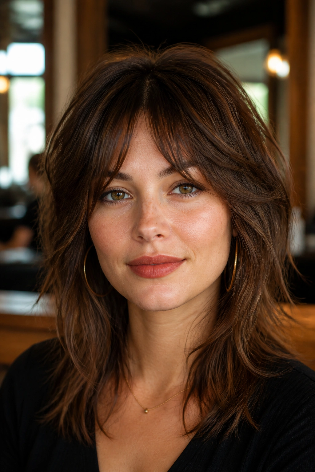 Close-up portrait of a real woman with bottleneck bangs and a shag haircut in a chic salon