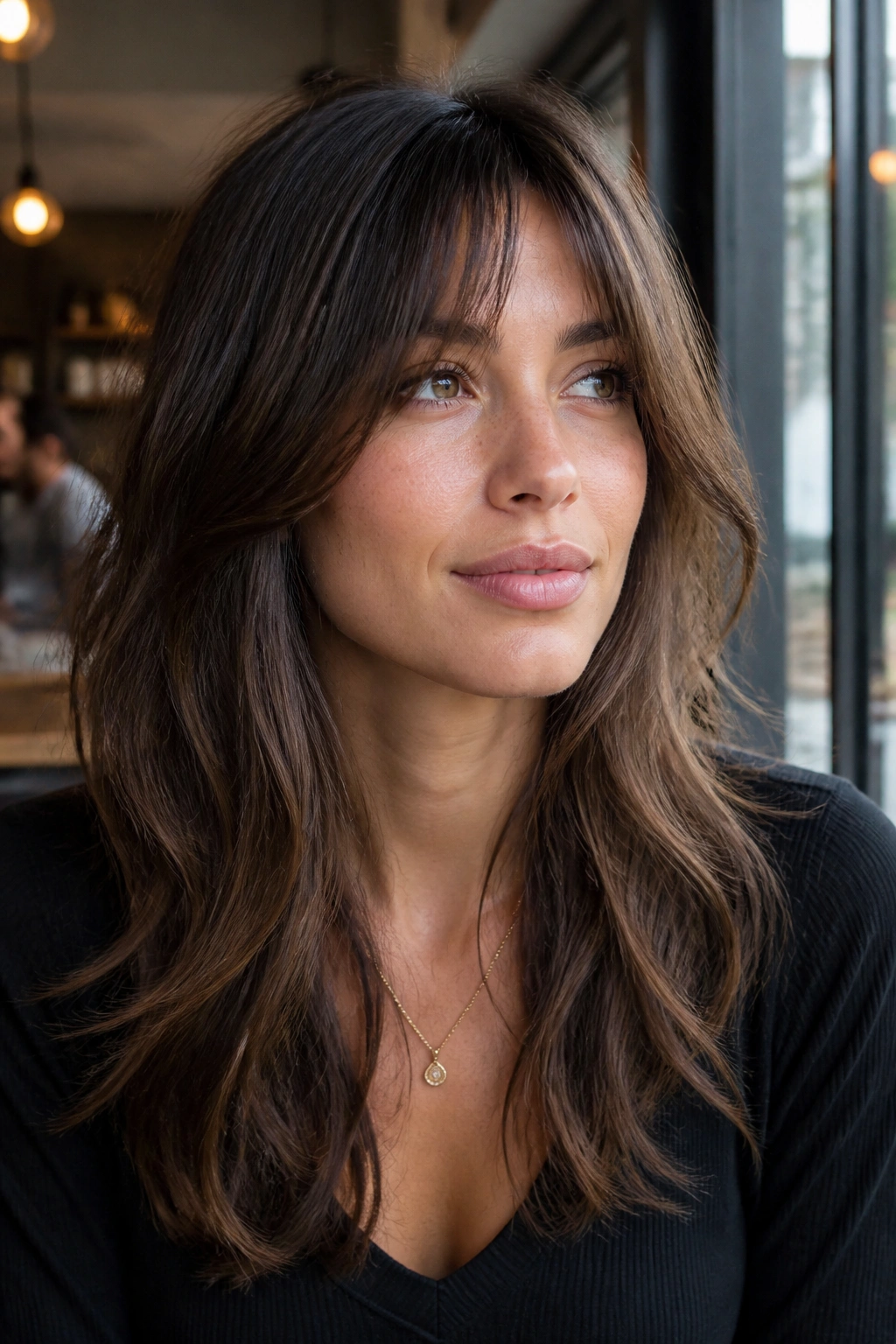 Real woman portrait featuring bottleneck bangs with long shag