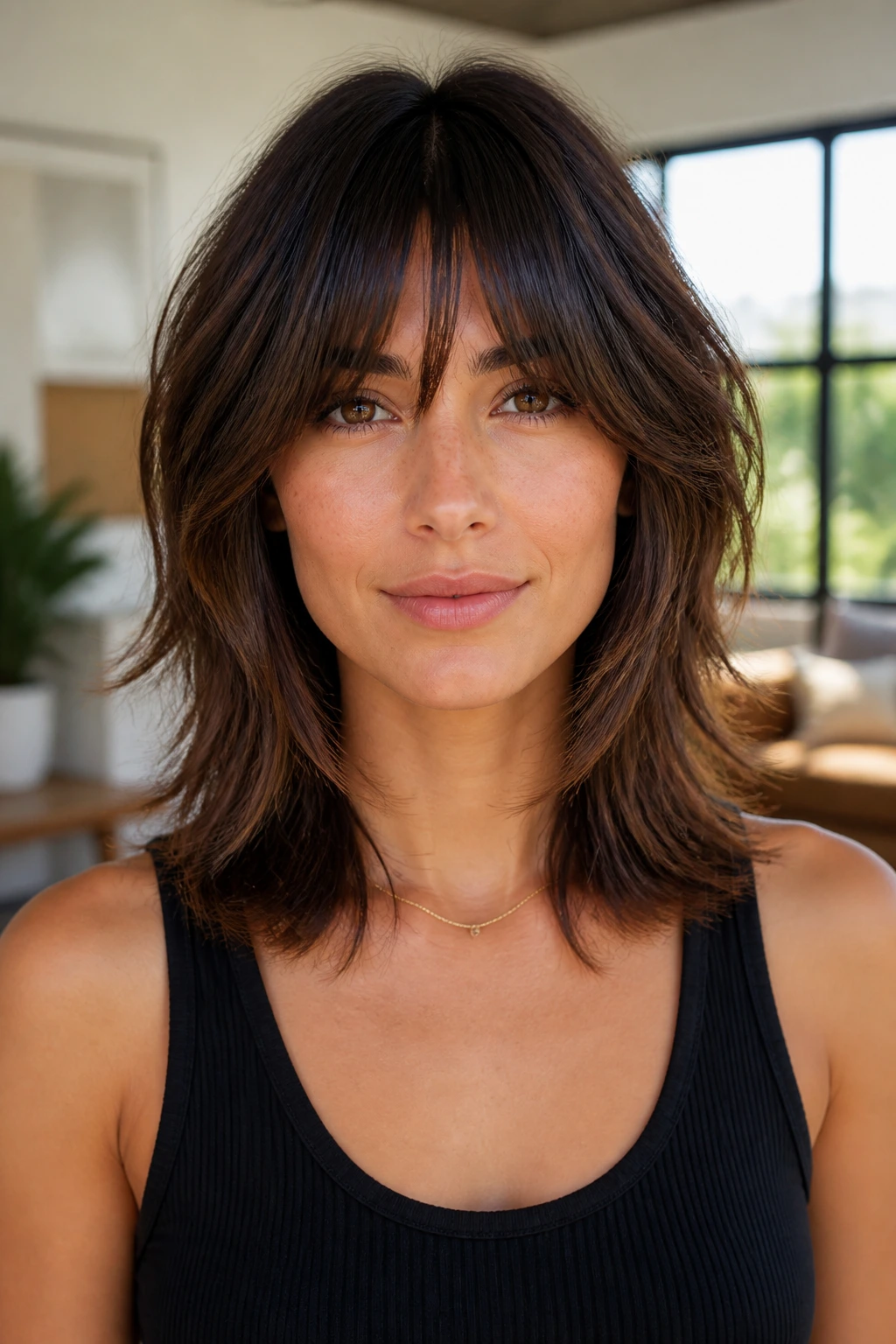 Close-up of a real person with bottleneck bangs and soft mid-length shag
